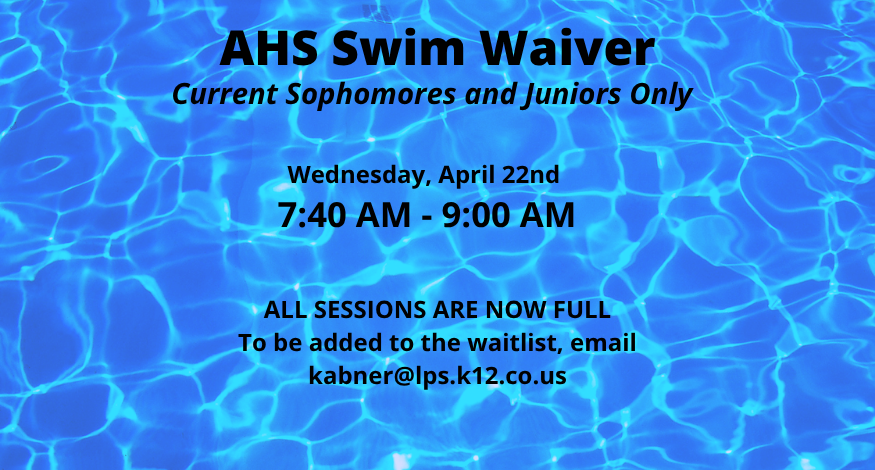 Image of water with verbiage - AHS April 2026 Swim Waiver FULL