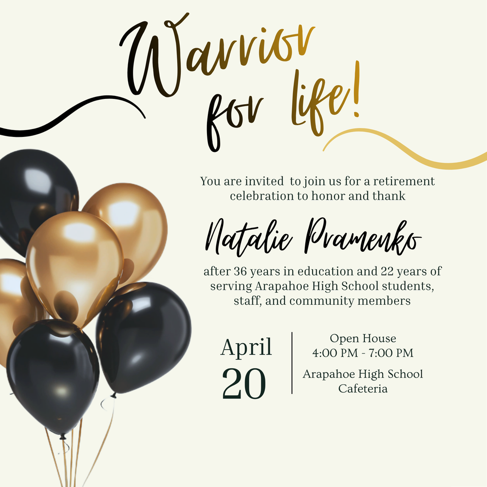 Open house invitation for Mrs. Pramenko w/ balloons on 4/20/26 from 4-7pm
