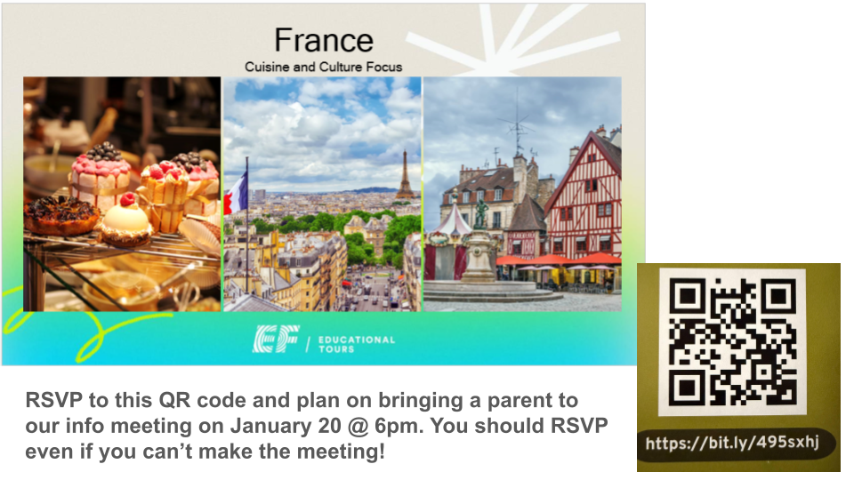 Flyer titled “France: Cuisine and Culture Focus” with images of French pastries, Paris with the Eiffel Tower, and a French town square. Includes a QR code and text inviting families to RSVP for a January 20 info meeting at 6 p.m.