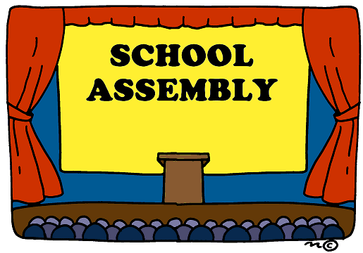 Illustration of a stage with red curtains pulled back, a yellow backdrop reading “SCHOOL ASSEMBLY” in bold black letters, and a podium at the center. A crowd of people is shown in silhouette in the foreground.