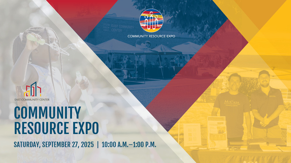Community Resource Expo flyer with diverse people, vendor tents; event on Sept 27, 2025, from 10:00 A.M. to 1:00 P.M. at ECC.