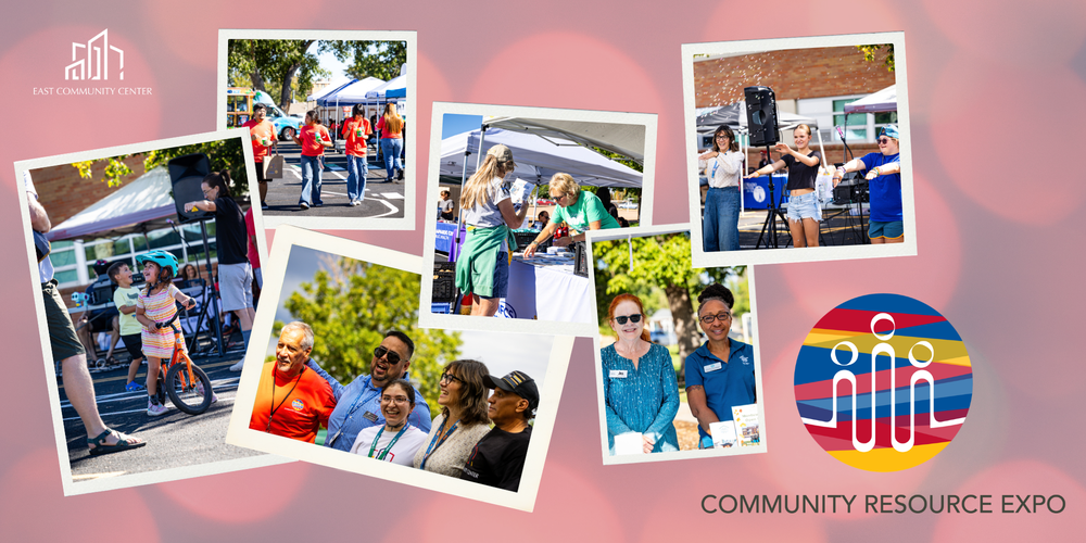 Photo collage of people at an outdoor event; text reads "COMMUNITY RESOURCE EXPO" with East Community Center logo.