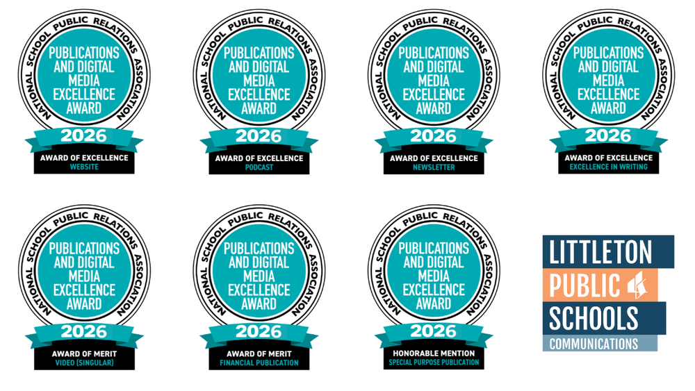 A graphic showing 7 Publications and Digital Media Excellence Awards badges and the LPS Communications logo on a white background