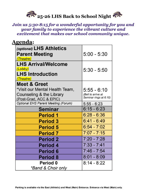 Littleton High School 2025–26 Back to School Night agenda, August 20, 2025, 5:30–8:15 PM. Lists optional athletics parent meeting at 5:00, welcome and introduction at 5:30, meet and greet at 5:55, and class periods from 6:15 to 8:22.