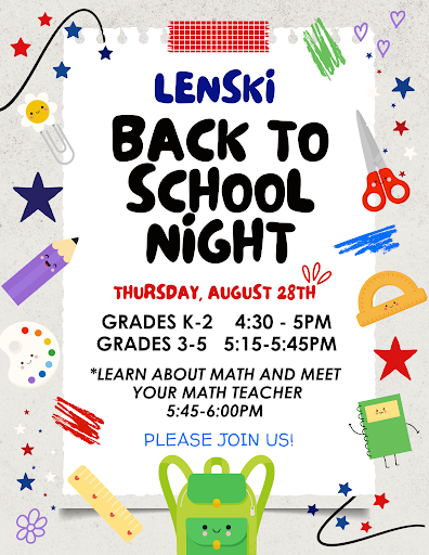 Colorful flyer for Lenski Back to School Night on August 28th, detailing event times and activities for grades K-5
