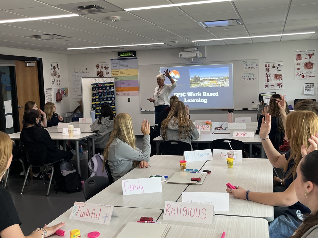 A classroom of high school students, mostly female, sits at grouped tables while a teacher stands at the front giving a presentation titled "EPIC Work Based Learning." Several students have their hands raised. The classroom walls are decorated with anatomy posters and charts. Each student has a personalized name tent on their desk with words like “Faithful,” “Religious,” “Music,” and “Kindness.” A projection screen shows the LPS logo and an image of a school campus. The atmosphere appears interactive and educational.