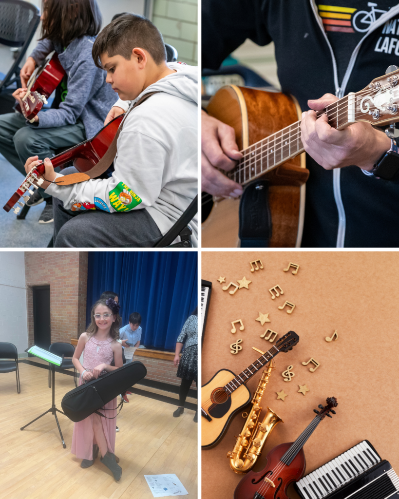 A collage of four images related to music. Top left: two children sitting and playing acoustic guitars in a classroom setting. Top right: close-up of an adult's hands playing an acoustic guitar. Bottom left: a young girl in a pink dress smiling and holding a violin case in a school auditorium with other children and adults in the background. Bottom right: a flat lay of miniature musical instruments including a guitar, saxophone, upright bass, and keyboard, with golden musical notes and stars on a peach background.