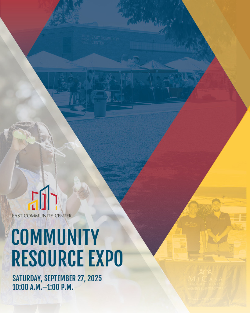 Community Resource Expo flyer with diverse people, vendor tents; event on Sept 27, 2025, from 10:00 A.M. to 1:00 P.M. at ECC.