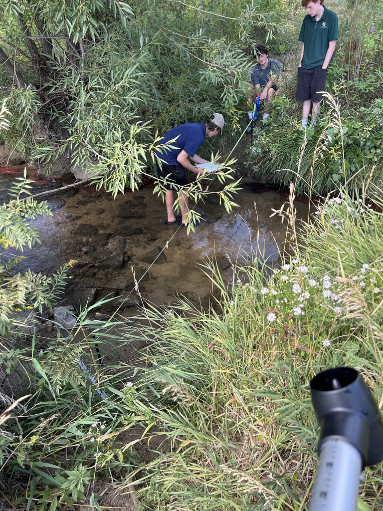 Three high school students conduct a stream study at Little Dry Creek, surrounded by tall grasses, wildflowers, and leafy shrubs. One student stands in the shallow creek barefoot, holding a notebook and measuring tape, while the other two observe from the bank—one seated and one standing. They appear focused on gathering environmental data. A piece of equipment, possibly a probe or sensor, is partially visible in the foreground. The natural setting is lush and green, indicating a field-based science or environmental study activity.