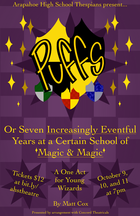 Poster for Arapahoe High School Thespians’ play Puffs by Matt Cox. Shows dates October 9, 10, and 11 at 7pm. Tickets $12 at bit.ly/ahstheatre.