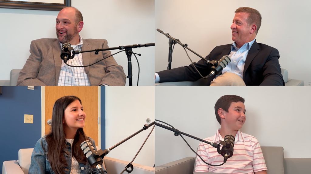 Four podcast guests—two adults and two students—smile and speak into mics in a split-screen video setup.