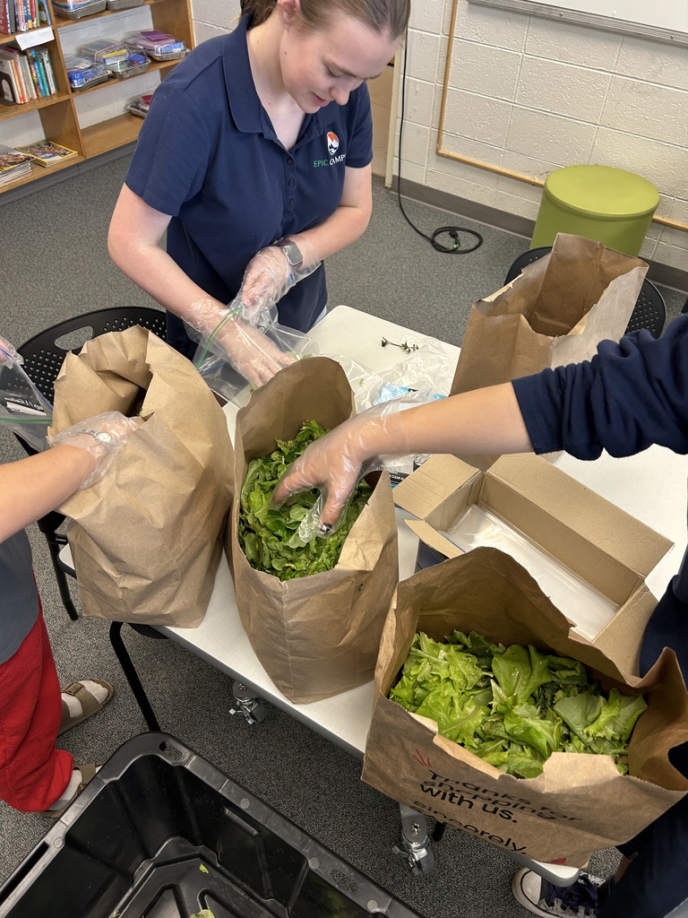 Students wearing gloves sort and bag fresh green lettuce into paper bags at a classroom table. One student wears a navy blue "EPIC Campus" polo shirt. Bookshelves, plastic bins, and a green stool are visible in the background.