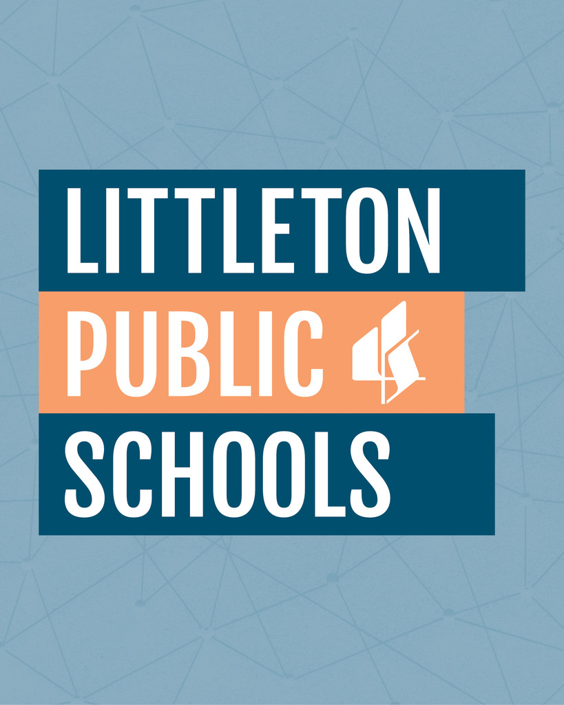 Littleton Public Schools logo with white text on teal and orange blocks, next to a white book-like emblem.