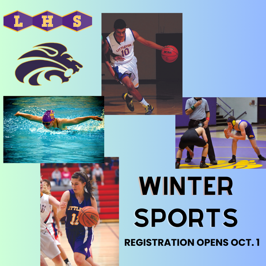 Pictures of boys basketball, wrestling, girls basketball and girls swimming to advertise winter sports registration opens Oct. 1