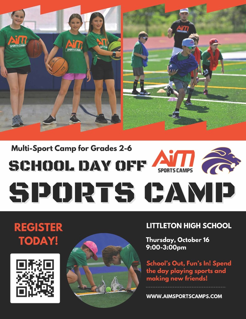 Pictures of young kids doing sports to advertise fall break camp by AIM sports that will occur at LHS on 10/16/25