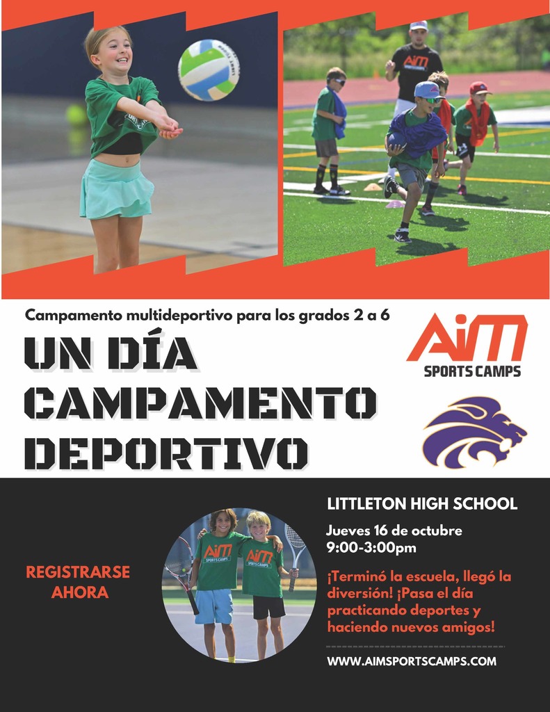 Pictures of young kids doing sports to advertise fall break camp by AIM sports that will occur at LHS on 10/16/25 in Spanish