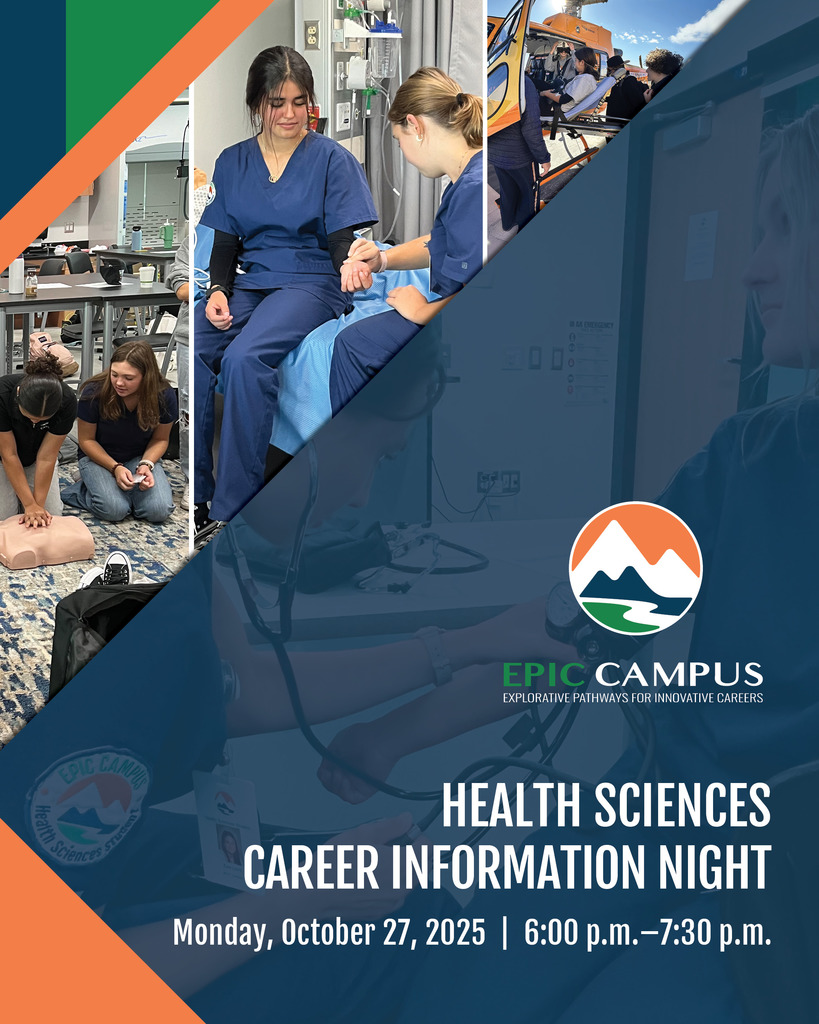 Graphic for Health Sciences Career Info Night. Includes EPIC Campus logo. All event details are in the text accompanying the graphic.
