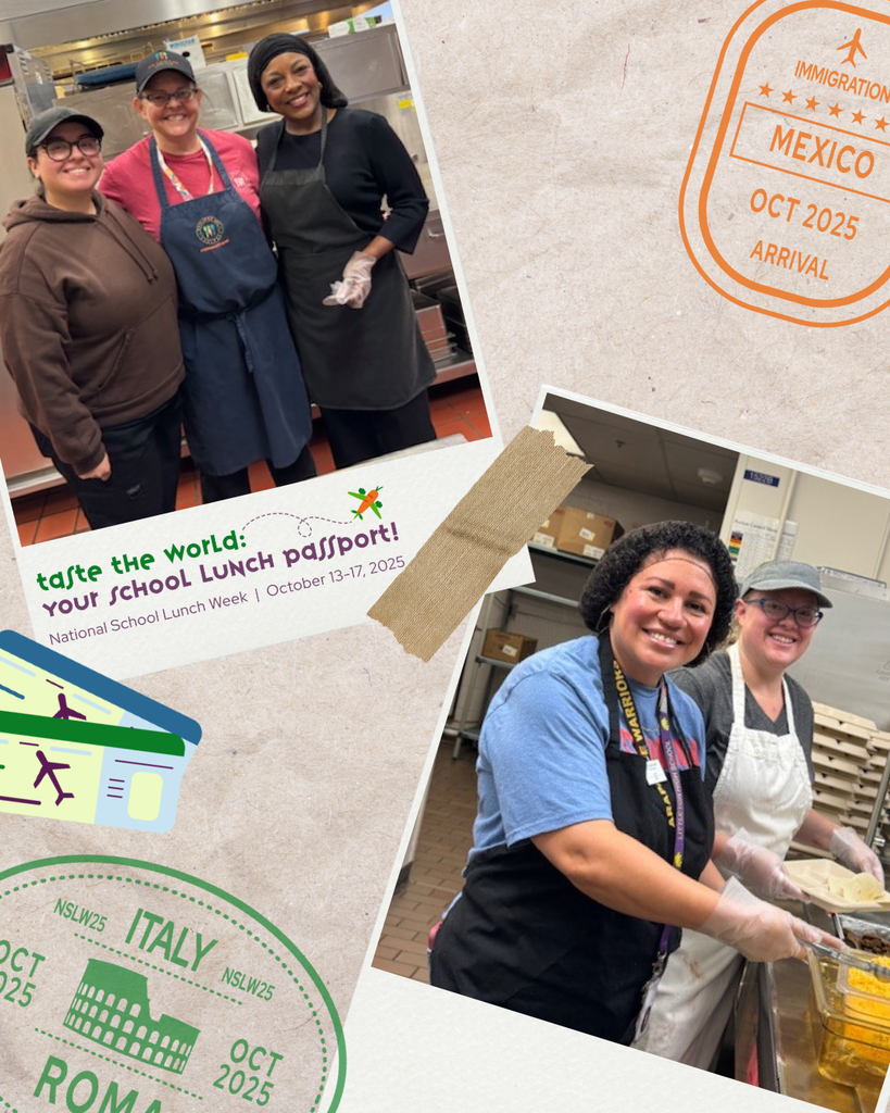 Collage of school cafeteria staff smiling in a kitchen. Stamps depict Italy and Mexico. Text reads "Taste the World: Your School Lunch Passport! National School Lunch Week, October 13-17, 2025."