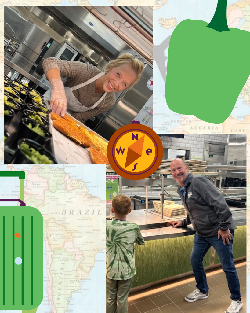 Collage with a smiling woman in a kitchen, a green bell pepper, compass, map of South America, green suitcase, and child with an adult in a cafeteria.