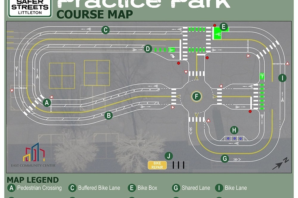 Illustrated course map for the Safer Streets Practice Park at East Community Center, showing bike lanes, crossings, and a roundabout with labeled areas A through J.