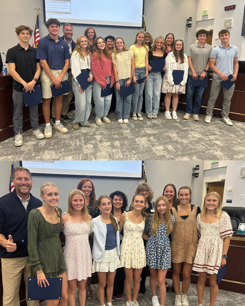 Two stacked photos of students being recognized by the LPS Board of Education in the LPS Boardroom.