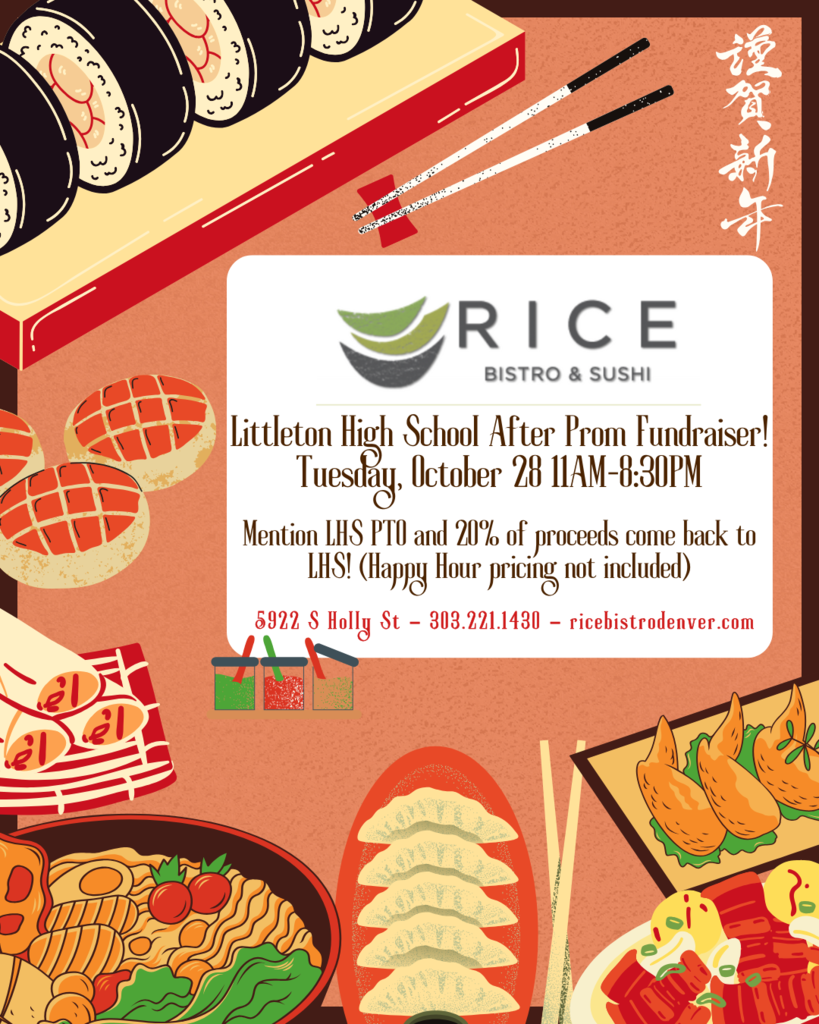Picture of sushi and advertisement for PTO fundraiser at Rice Bistro & Sushi for 10/28