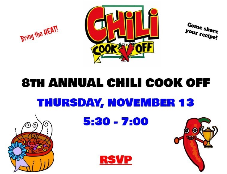 Flyer for the “8th Annual Chili Cook Off.” At the top, large colorful text reads “Chili Cook Off,” with a red chili pepper forming the “L” in “Chili.” Surrounding text says “Bring the HEAT!” on the left and “Come share your recipe!” on the right. Below, bold black and blue text reads “Thursday, November 13, 5:30 - 7:00.” At the bottom, red text says “RSVP.” Decorative images include a cartoon pot of chili with a blue ribbon on the left and a smiling chili pepper holding a trophy on the right. The design uses bright colors and playful graphics.