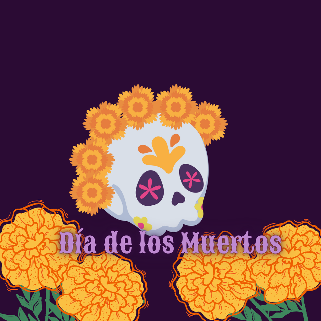 Colorful Día de los Muertos illustration featuring a white skull decorated with orange and purple designs and surrounded by bright orange marigold flowers. The text ‘Día de los Muertos’ appears below in purple letters against a dark purple background.