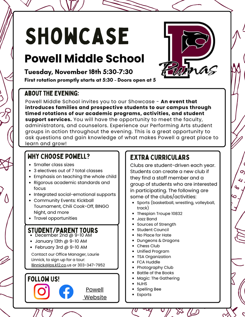 Flyer for Powell Middle School Showcase. The top features a large title reading “SHOWCASE” and “Powell Middle School,” with the event date and time: “Tuesday, November 18th, 5:30–7:30. First rotation promptly starts at 5:30 – Doors open at 5.” On the right is the Powell logo — a large letter “P” with a panther head inside and the word “Pumas” in script below.