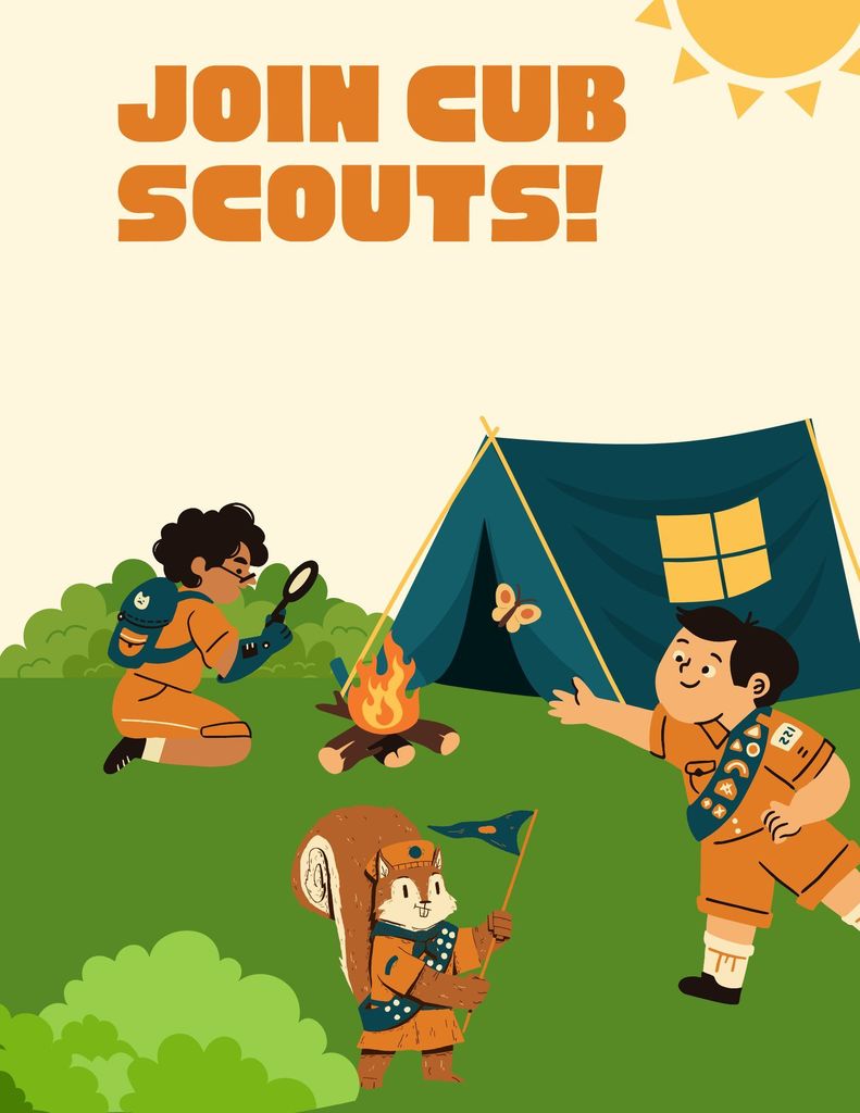 Illustration of two children and a cartoon squirrel dressed as Cub Scouts outdoors near a blue tent and campfire. One child kneels examining something with a magnifying glass, another waves at a butterfly, and the squirrel holds a Cub Scout flag. The text at the top reads “Join Cub Scouts!” with a bright sun in the corner.