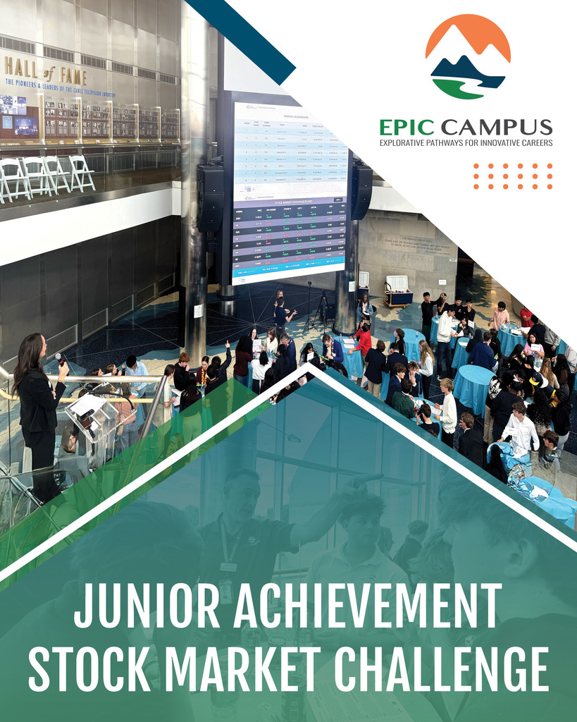 Lobby of Cable Center with a large digital stock board and gathering of students. Top right: EPIC Campus logo, text Junior Achievement Stock Market Challenge.
