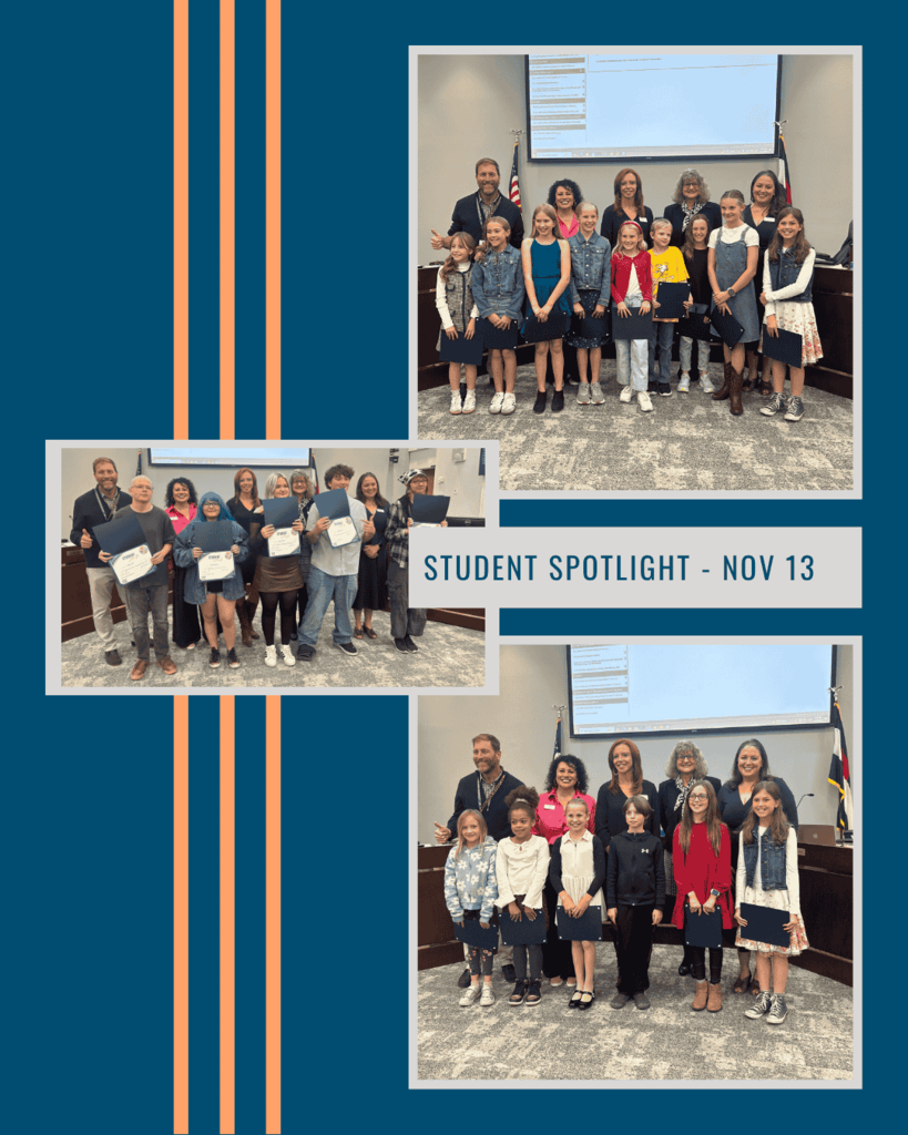 Collage of three "Student Spotlight - Nov 13" photos showing students and adults at a school board meeting.