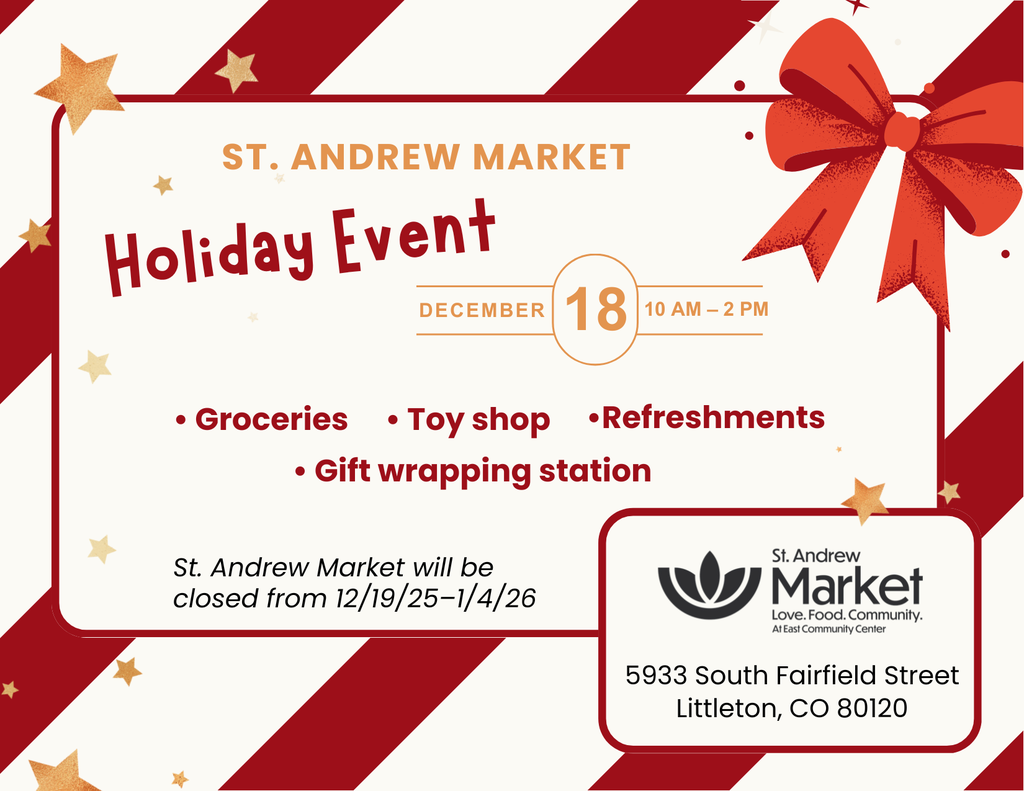 Christmas themed flyer for the St. Andrew Market holiday event on December 18th, from 10am to 2pm