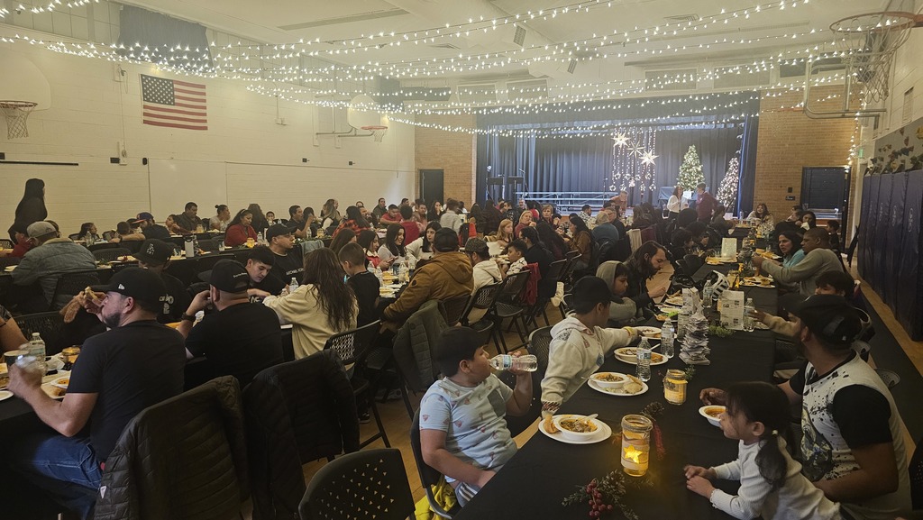 overview of gym during a community dinner