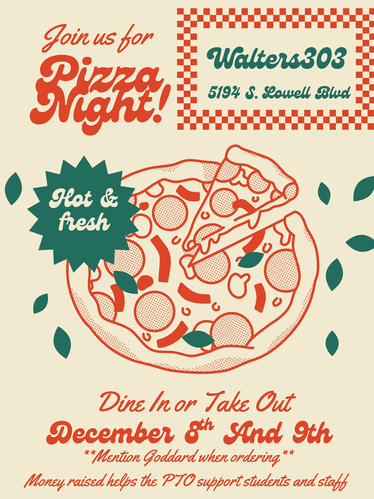 Flyer for a "Pizza Night" fundraiser at Walters303 on December 8th and 9th, featuring a large pizza graphic. Info in the text accompanying graphic.