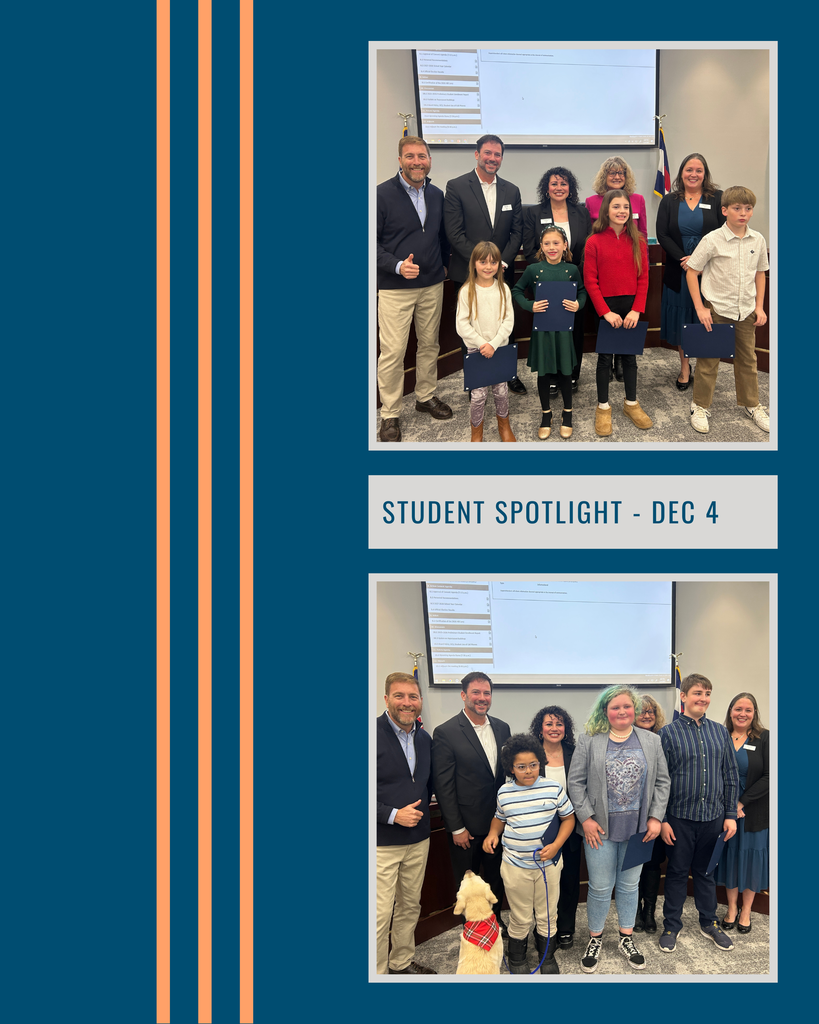 Two photos: Top shows four Lenski students and adults; bottom shows three Nova Center students, a dog, and adults.