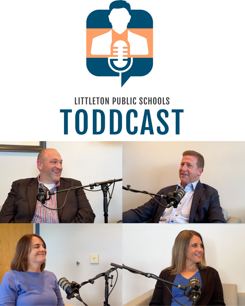 Littleton Public Schools Toddcast graphic with four guests seated and speaking into microphones.