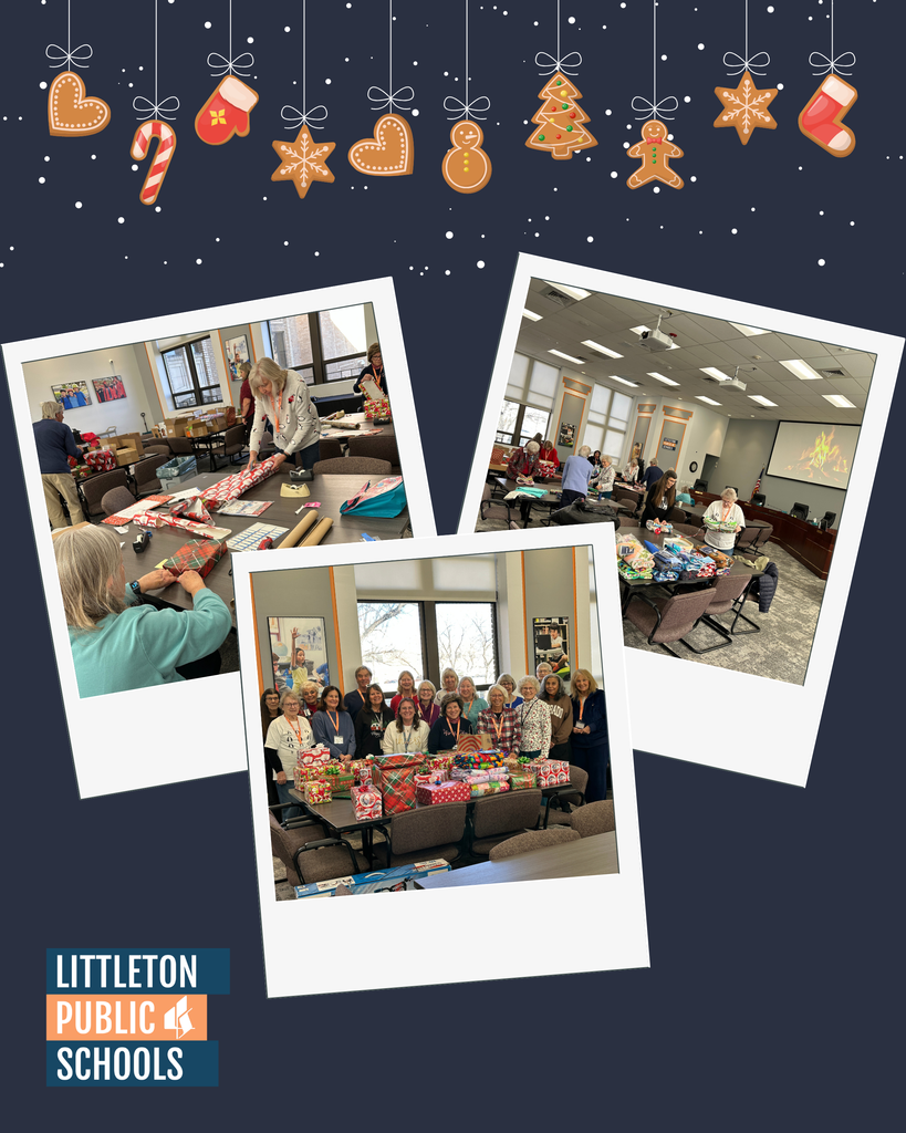 Holiday collage of Littleton Public Schools volunteers wrapping gifts and posing with stacks of donated presents.