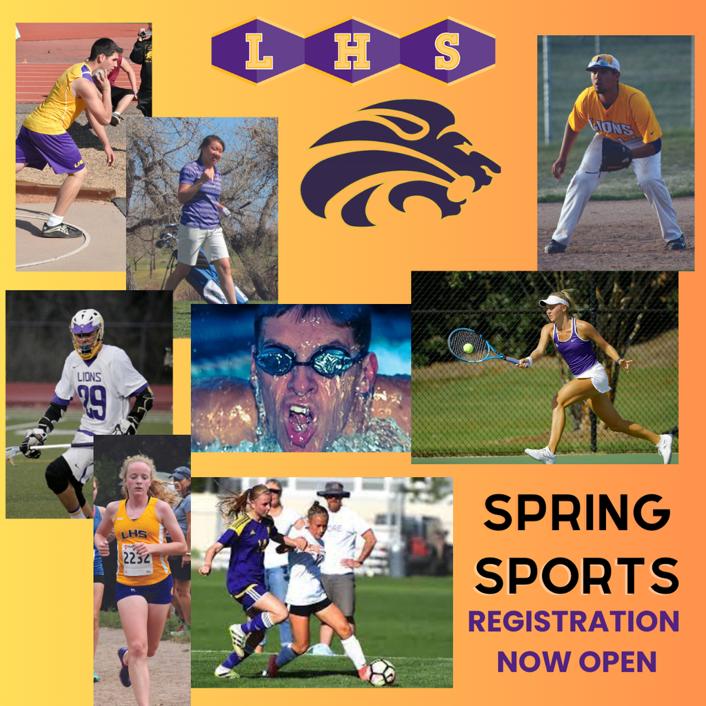 Pictures of various spring sports at LHS advertising registration is now open
