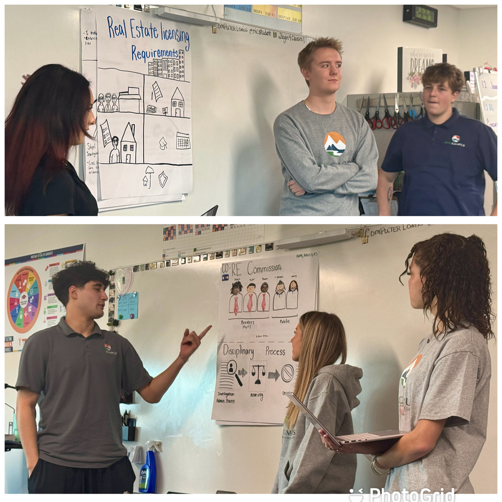 Two classroom scenes showing high school students giving presentations. In the top half, a diverse group of three students stands near a hand-drawn poster titled "Real Estate Licensing Requirements," featuring sketches of buildings and homes. In the bottom half, three other students present a poster titled "CORE Commission," which includes cartoon-style drawings of people and a disciplinary process diagram. All students wear school uniforms or casual clothing with EPIC Campus logos, standing in front of whiteboards.