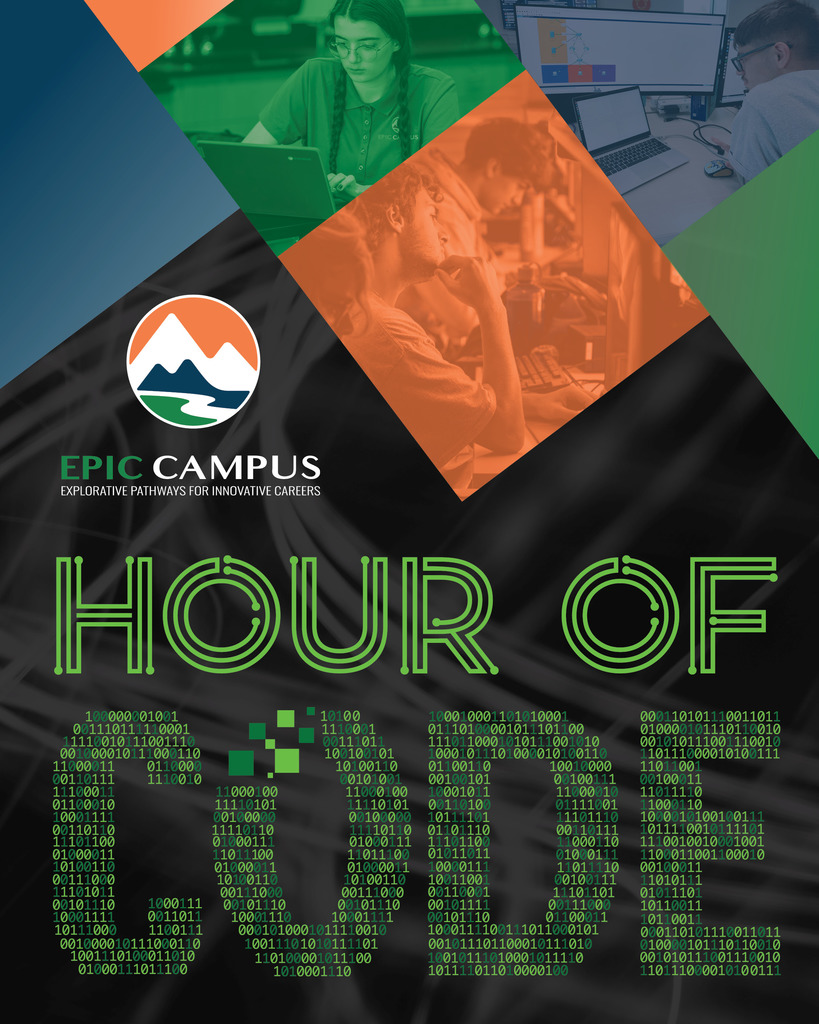 Hour of Code flyer for EPIC Campus featuring students working on computers and digital binary code graphics.