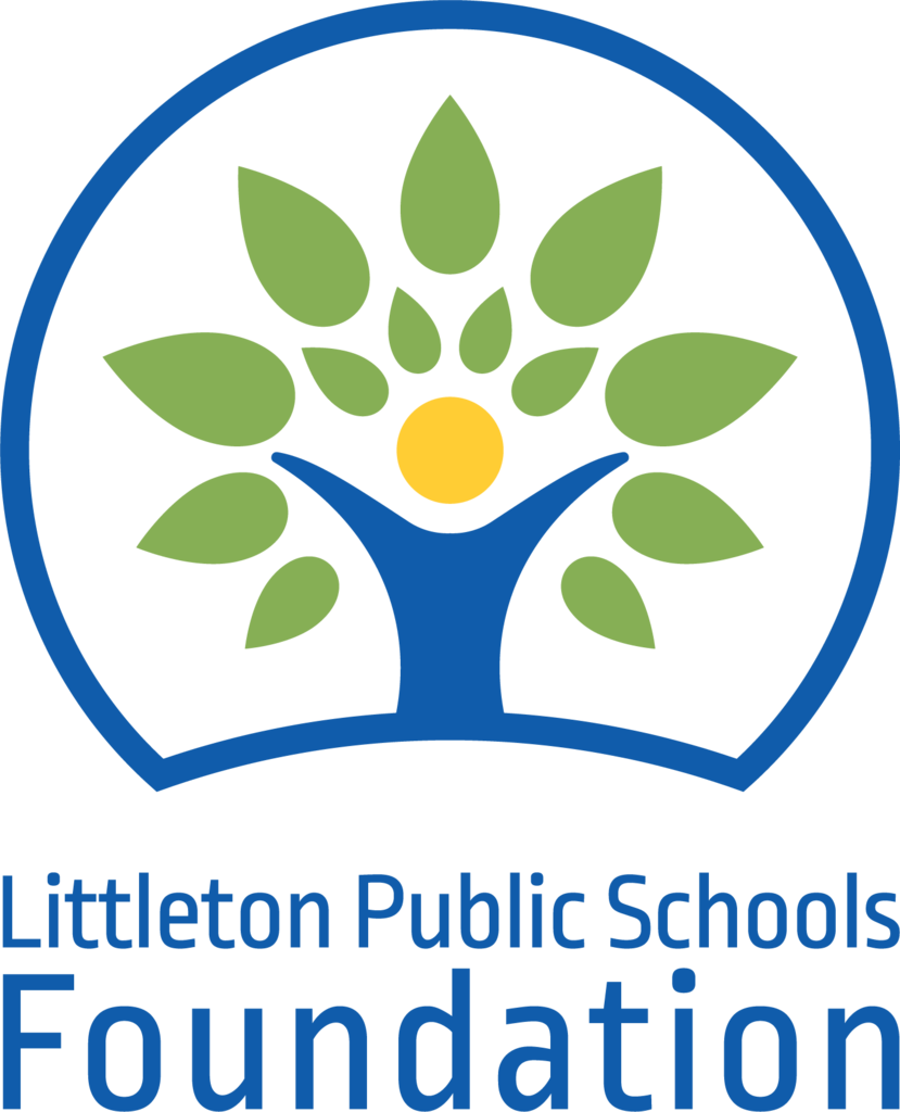 Stylized blue tree trunk forming a circular arch around green leaves and a central yellow circle, resembling a person with outstretched arms. Below it reads “Littleton Public Schools Foundation” in blue text.
