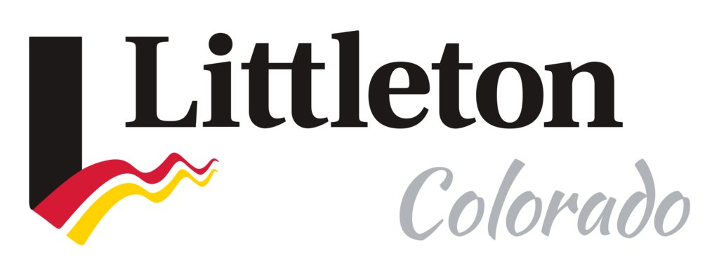 The word “Littleton” in large black serif font with “Colorado” in cursive gray script below. On the left is a vertical black rectangle with flowing red, yellow, and black ribbon-like lines at the bottom, representing the city’s brand.
