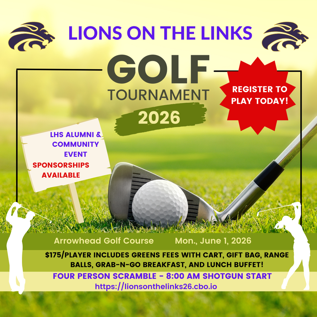 Pic of golf ball and golf club on a golf course to advertise Lions on the Links 2026 Golf Tournament fundraiser on June 1 at Arrowhead Golf Course as a 4 person scramble starting at 8am.
