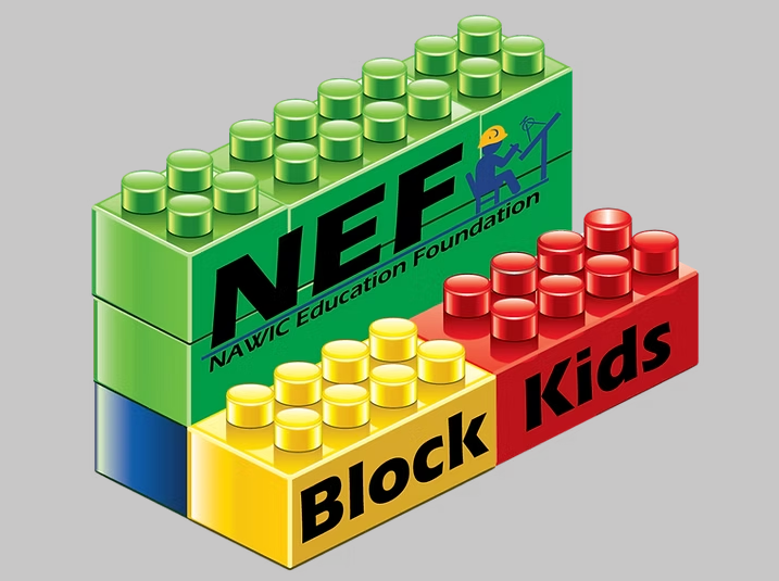 Logo for Block Kids and NEF (NAWIC Education Foundation) displayed on colorful stacked plastic building blocks.