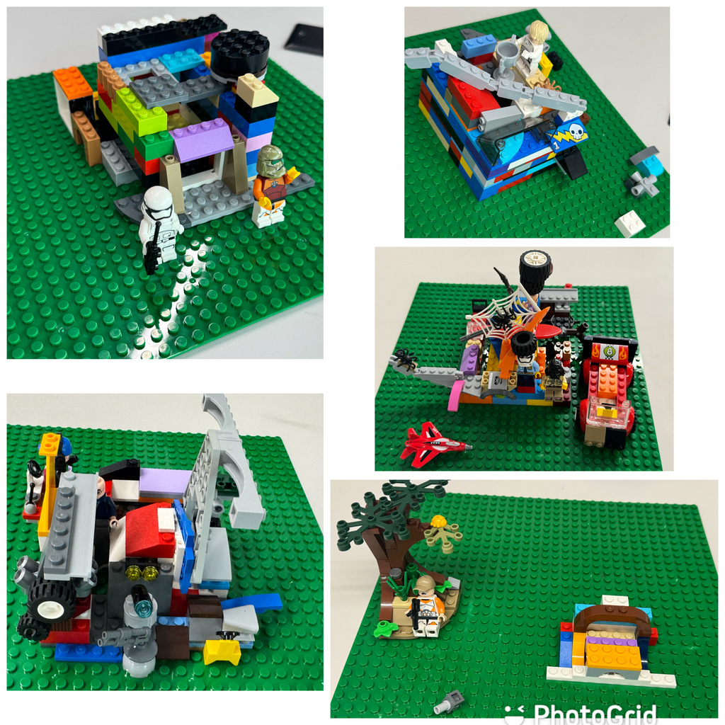 A collage of six colorful LEGO creations built on green baseplates. Each design is unique, featuring a mix of structures, minifigures, and accessories. Builds include a small house with Stormtroopers, a futuristic structure with wings, a chaotic scene with spider webs and a red car, and a peaceful nature scene with a tree and explorer. The bottom right corner includes a watermark reading "PhotoGrid."