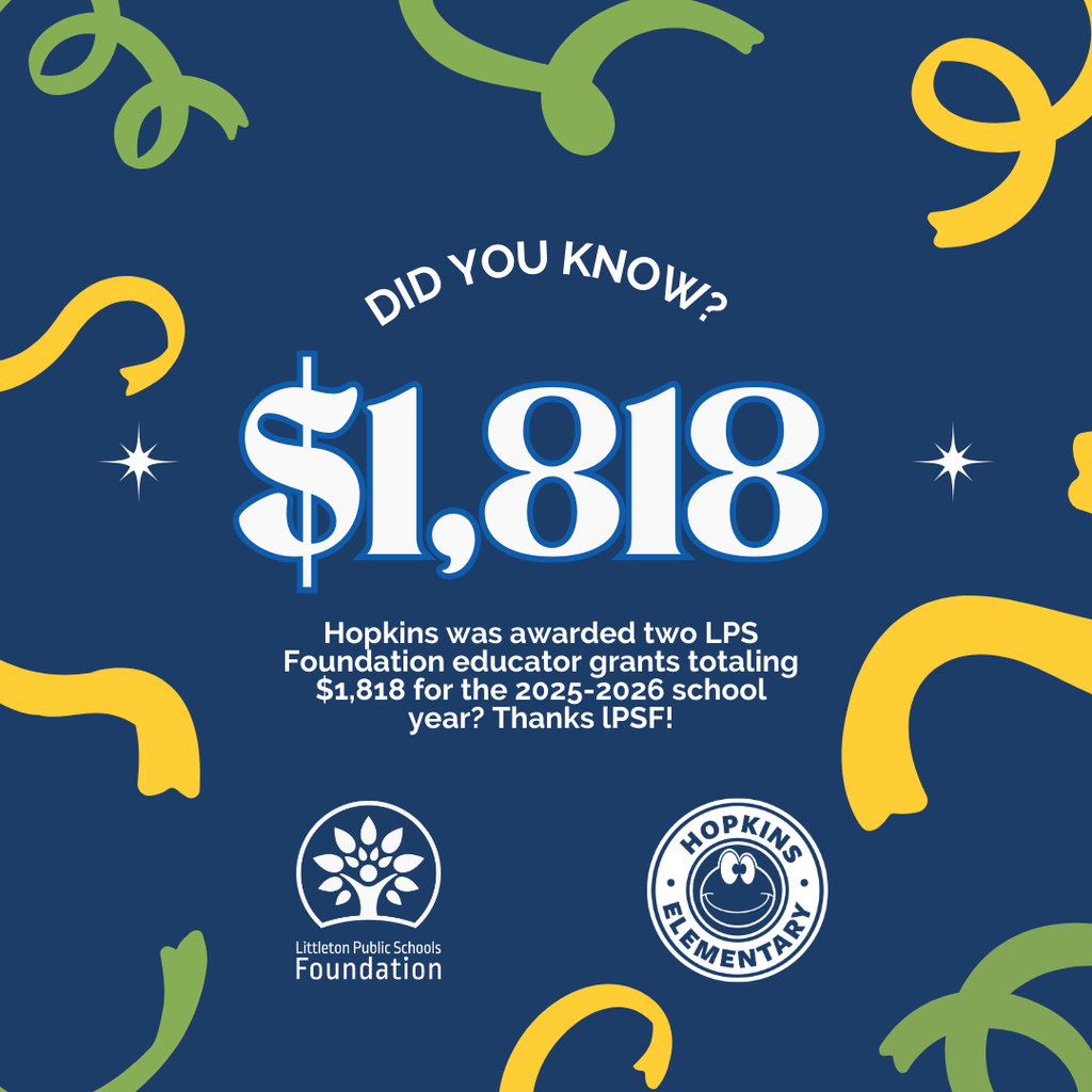 Graphic on a dark blue background with colorful green and yellow confetti shapes. Large white text reads “Did you know?” above a bold dollar amount, “$1,818.” Smaller text below says, “Hopkins was awarded two LPS Foundation educator grants totaling $1,818 for the 2025–2026 school year? Thanks LPSF!” At the bottom are two white logos: the Littleton Public Schools Foundation logo with a tree icon and the Hopkins Elementary logo with a smiling mascot face.
