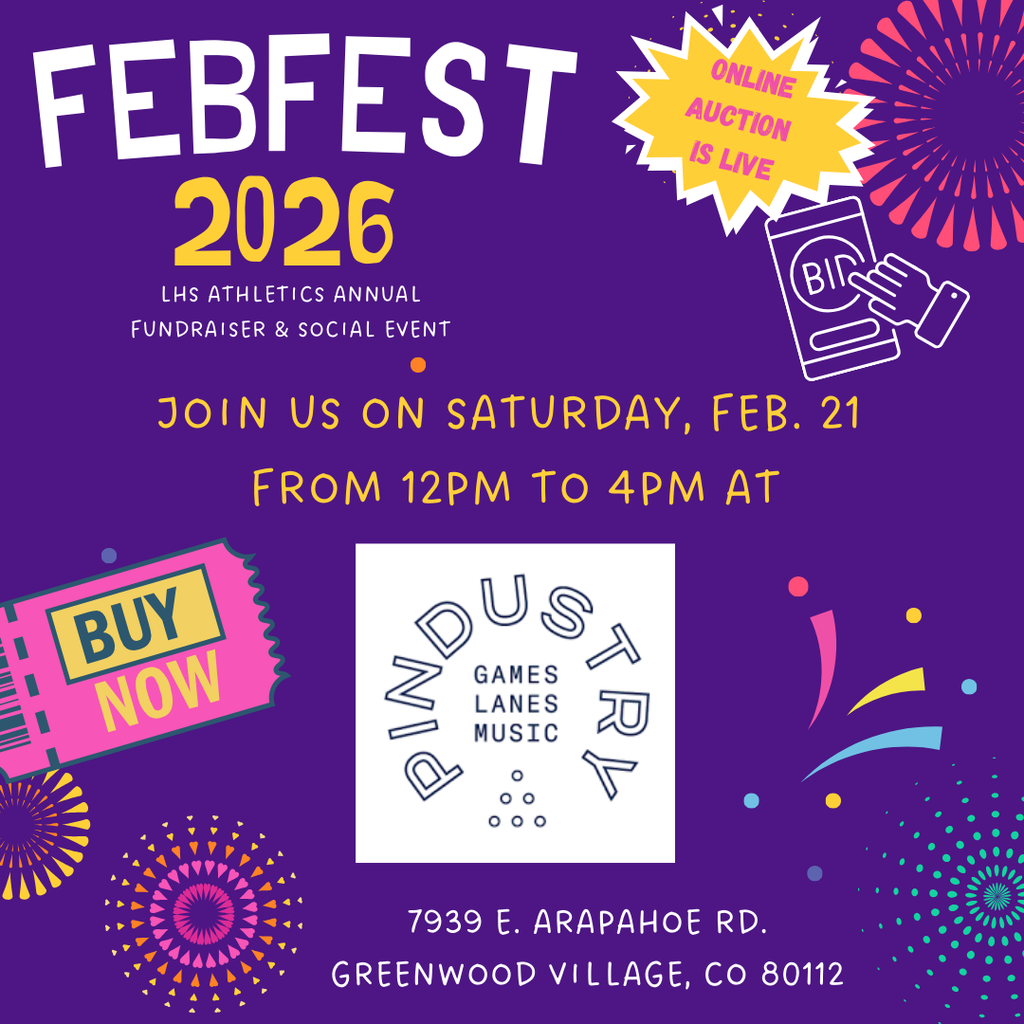Purple background with verbiage for FebFest 2026 on Sat., Feb. 21 from 12noon to 4pm at Pindustry to help raise money for LHS athletics with picture of buy now for tickets and online bidding for silent auction is open