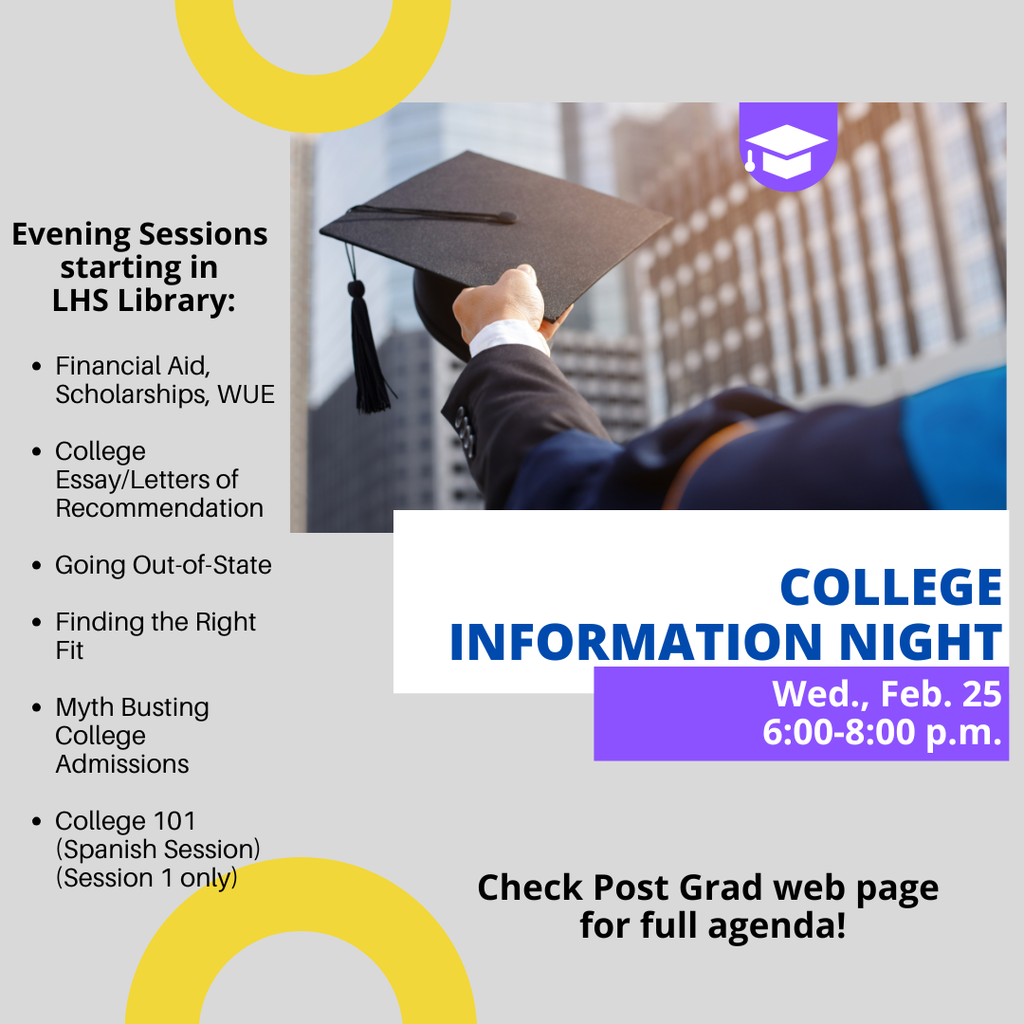 Picture of graduation hat held by a man's hand to advertise College Info Night on 2/25 from 6-8pm in LHS library covering financial aid, going out of state, finding the right fit, etc.