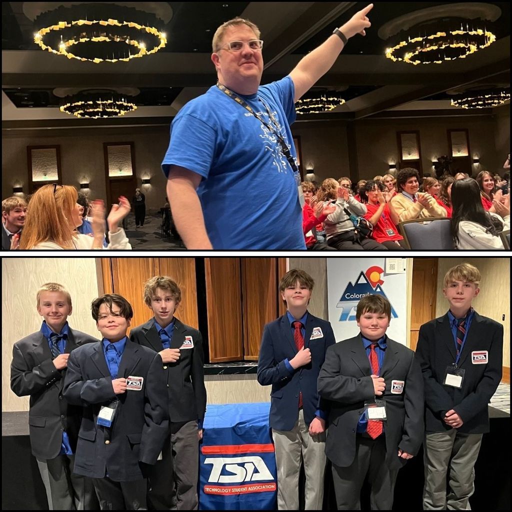Evan Biddulph being celebrated for being with TSA for 20+ years and a group of TSA Honor students standing together with smiles on their faces